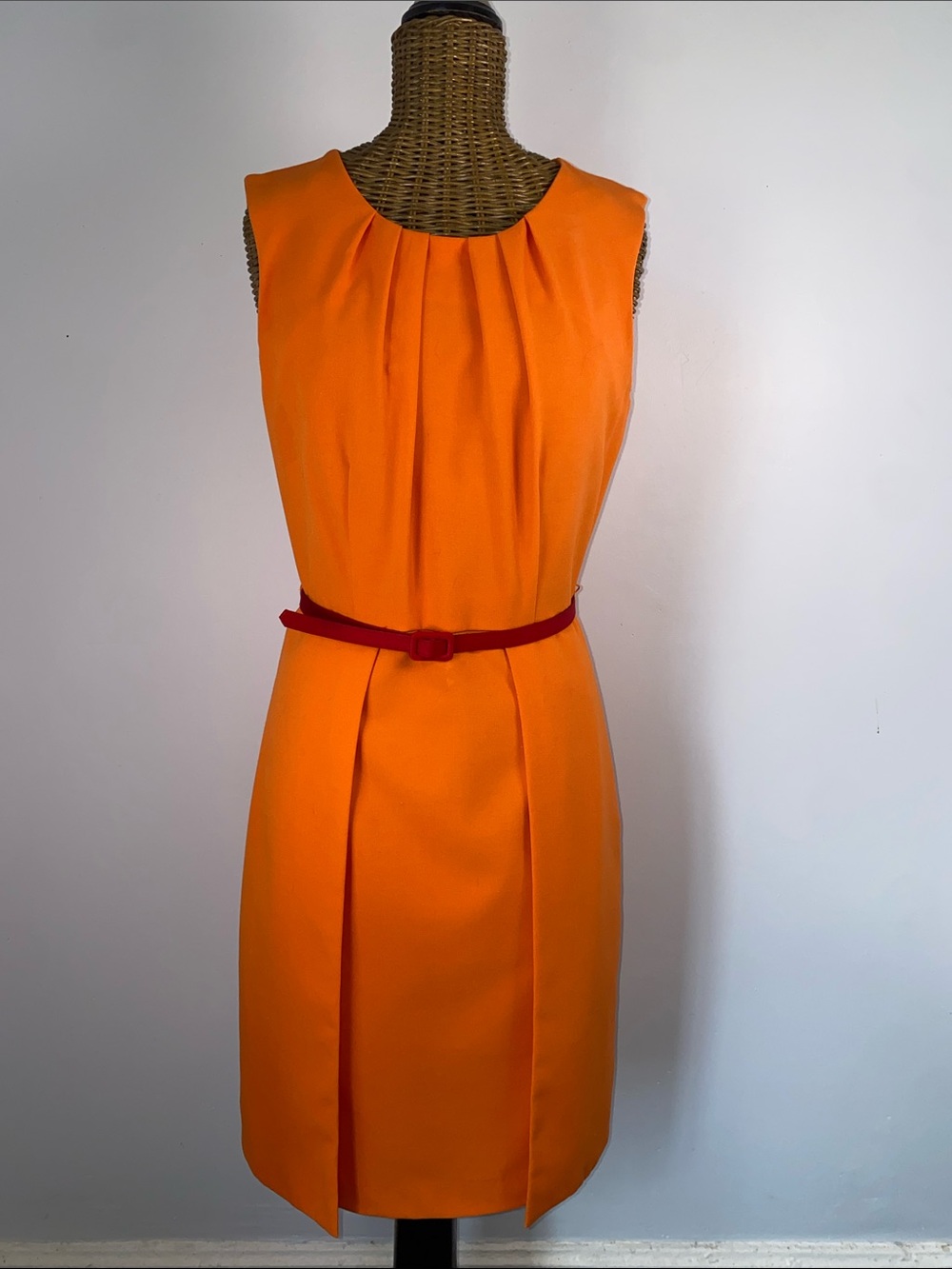 Calvin Klein Sleeveless Orange Sheath Dress with Red Belt